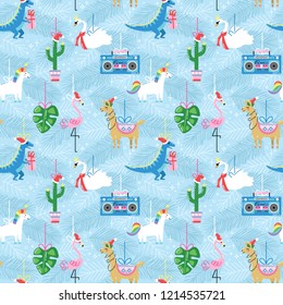 Seamless pattern with cute funny Christmas ornaments in bright cartoon style