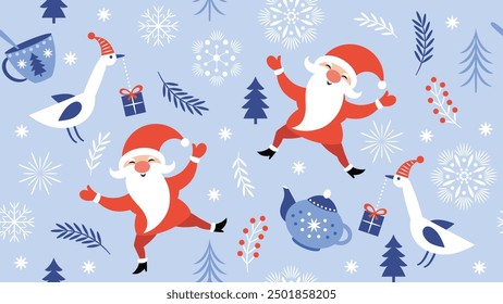 Seamless pattern, cute funny Christmas Gnomes and birds