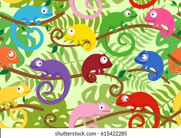 Seamless pattern with cute, funny colored chameleons among tropical leaves. Suitable for children's playrooms, web pages, wrapping paper, wallpaper, textile. Vector illustration.

