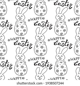 Seamless pattern with cute funny contoured bunnies with eggs and Happy Easter lettering. Vector hand drawn outline doodle illustration. Holidays backgrounds, templates and textures