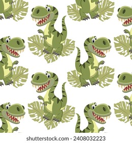 Seamless pattern, cute funny dinosaurs and tropical leaves on a white background. Kids print, textile, wallpaper, vector