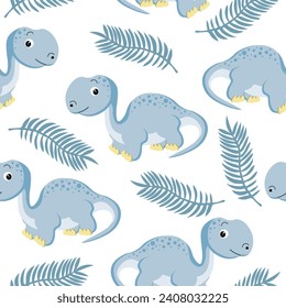 Seamless pattern, cute funny dinosaurs and tropical leaves on a white background. Kids print, textile, wallpaper, vector