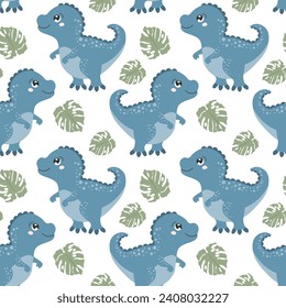 Seamless pattern, cute funny dinosaurs and tropical leaves on a white background. Kids print, textile, wallpaper, vector