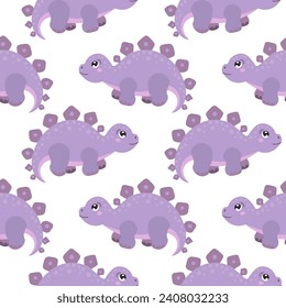 Seamless pattern, cute funny dinosaurs and tropical leaves on a white background. Kids print, textile, wallpaper, vector