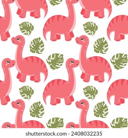 Seamless pattern, cute funny dinosaurs and tropical leaves on a white background. Kids print, textile, wallpaper, vector