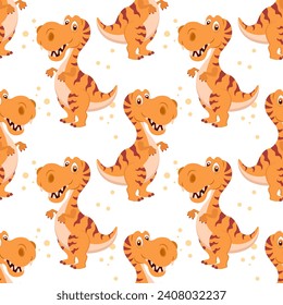 Seamless pattern, cute funny dinosaurs and tropical leaves on a white background. Kids print, textile, wallpaper, vector