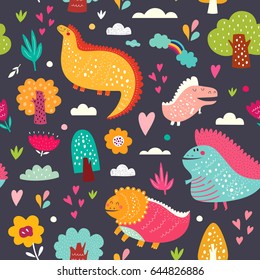 Seamless pattern with cute funny dinosaurs, trees, hearts, flowers and leaves. 