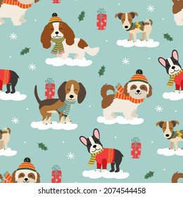 seamless pattern with cute funny dogs and gifts