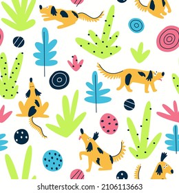 Seamless pattern with cute funny dogs in nature. Colored balls, plants, and funny dogs in a simple design. Design for children's summer fabric. Flat vector illustration.