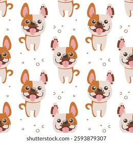Seamless pattern with cute funny dogs bulldogs on a white background. Print, children's textiles