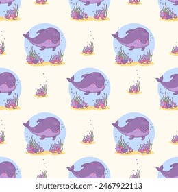 Seamless pattern with cute funny dolphin. Vector illustration. Cartoon kawaii animal character. Kids collection