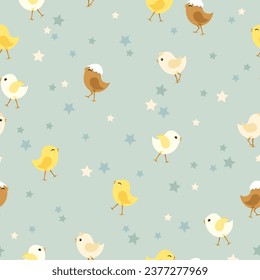 Seamless pattern with cute funny Easter chickens and star illustration for greeting card, invitation, wrapping paper, holiday design. scrapbook