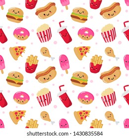 Seamless Pattern Cute Funny Fast Food Kawaii Style Icons Isolated On White Background. Illustration Vector.  