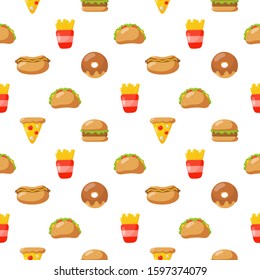 seamless pattern cute funny fast food kawaii style icons isolated on white background. illustration vector.  