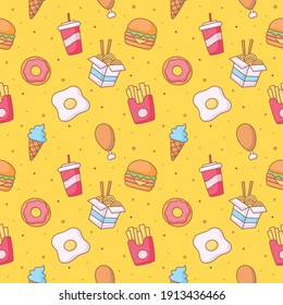 seamless pattern cute funny fast food kawaii style icons isolated on yellow background. illustration vector.