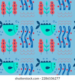 Seamless pattern with cute funny fishes  and seaweed on a blue background. Vector graphic perfect for wallpaper, wrapping paper, for designing prints on textiles, clothes, pillows.