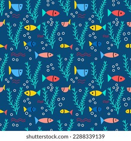 Seamless pattern with cute funny fishes and seaweed on a blue background. Vector graphic perfect for wallpaper, wrapping paper, for designing prints on textiles, clothes, pillows.