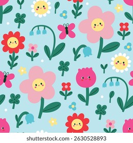 Seamless pattern with cute funny flowers on a blue background. Vector graphics.