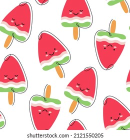 seamless pattern of cute and funny fruit ice in cartoon style. watermelon fruit ice isolated on a white background forms a cute background for the design of children's products. stock vector EPS 10.