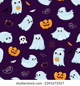 Seamless pattern of cute funny ghosts, scary and funny ghosts for halloween