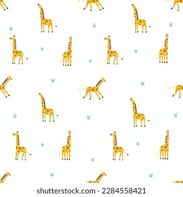 Seamless pattern. Cute, funny giraffes run, stand, walk among the short grass. An interesting pattern for printing on fabric, for children's and adult t-shirts, product packaging, for posters.