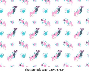 Seamless pattern of cute funny girls mermaids swimming under water with shells and fish bubbles. Vector cartoon endless texture on a white background. For the design of products for babies, toddlers.