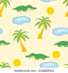 Seamless pattern with cute funny green crocodile, blue lake and palm trees on yellow background. Children's vector cartoon illustration.