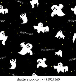 Seamless pattern of cute and funny Halloween ghosts. Vector of white ghosts. Cartoon spooky