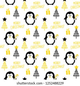 Seamless pattern with cute and funny hand drawn penguin, candy, spruces and gold gift and hand lettering Merry Christmas isolated from white background. Vector illustration. 