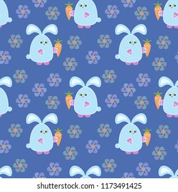 Seamless pattern with cute funny hares, carrots and flowers. Vector illustration in a flat style.