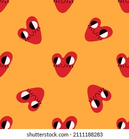 Patrón sin foco con la cara graciosa del corazón adorable al estilo de moda. Impresión romántica genial. Ilustración vectorial moderna sobre fondo brillante