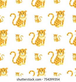 Seamless pattern of cute funny jaguar or leopard vector flat cartoon sticker or icon outlined with dotted line isolated on white. Wild animal illustration for game counters, price tags