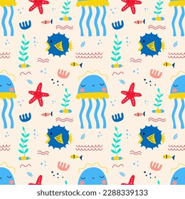 Seamless pattern with cute funny jellifish  and fishes on a white background. Vector graphic perfect for wallpaper, wrapping paper, for designing prints on textiles, clothes, pillows.