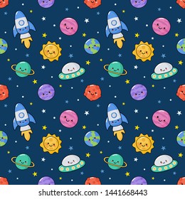 Seamless Pattern Cute Funny Kawaii Space. Planets Cartoon Style Isolated On Blue Background. Vector Illustration.