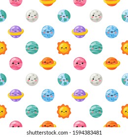 seamless pattern cute funny kawaii space. planets cartoon style isolated on white background. vector Illustration.