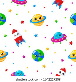 seamless pattern cute funny kawaii space. planets cartoon style isolated on white background. vector Illustration.