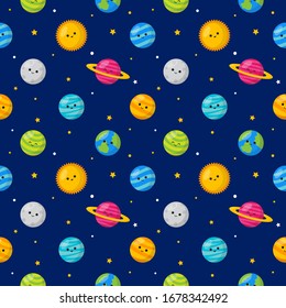 seamless pattern cute funny kawaii space. planets cartoon style isolated on blue background. vector Illustration.