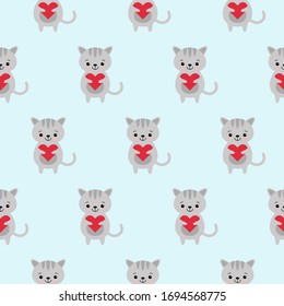 Nahtloses Muster mit süßen, lustigen kawaii Cartoon Katzen mit Herzen. Vektorillustration nahtlose Textur für Bildschirmhintergründe, Mustertexte, Webseiten-Hintergründe