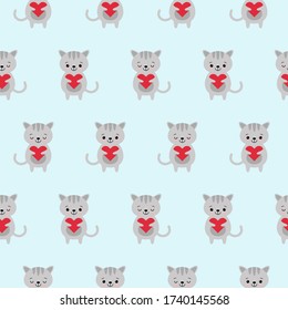 Seamless pattern with cute funny kawaii cartoon gray cats characters with hearts. Vector seamless texture for wallpapers, pattern fills, web page backgrounds