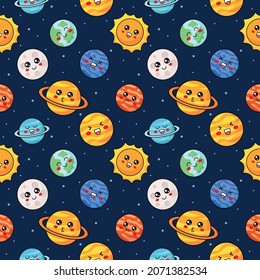 seamless pattern cute funny kawaii space. planets cartoon style isolated on blue background. vector Illustration.