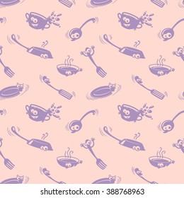 Seamless pattern with cute funny kitchenware 