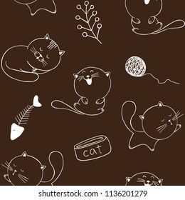 Seamless pattern with cute funny kittens and cats