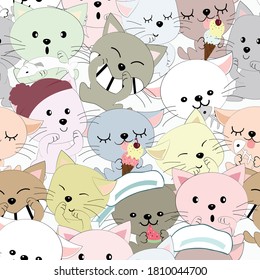 Seamless pattern cute funny kitty cat cartoon,illustration vector doodle comic art.