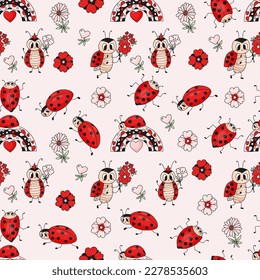 Seamless pattern with cute funny ladybugs on light pink background. Vector illustration. Endless background for decor, design, textiles, packaging, wallpaper.