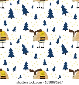 Seamless pattern with cute funny lamb surrounded by fir-trees. Hand drawn adorable animal in forest isolated on white background. Colorful cartoon character in flat style. Winter vector illustration
