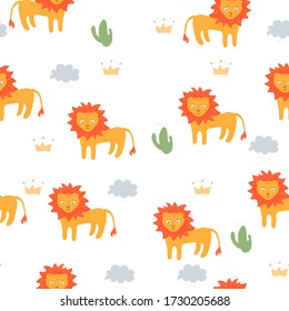 Seamless pattern. Cute funny lion. Lion cub in the desert.