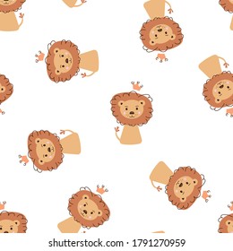 Seamless pattern of a cute funny lions in a crown. Vector illustration on a white background. Scandinavian style flat design. Concept for children print.