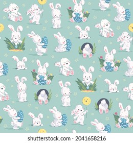 Seamless pattern with cute funny little white bunny sit,  stand with balloon, hide in grass, carry Easter egg isolated. Vector flat hand drawn doodle illustration for Easter prints, cards, packaging.