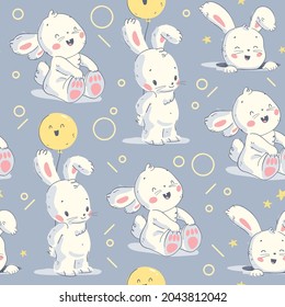 Seamless pattern with cute funny little white bunny sit and stand with balloon isolated. Vector flat hand drawn doodle illustration for nursery prints, baby cards, fabric etc.