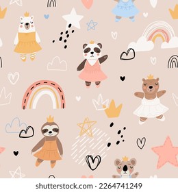 Seamless pattern with cute funny little ballerina bears, polar, grizzly, panda, sloth, koala. Vector kids illustration. Scandinavian style flat design. Cartoon children concept.